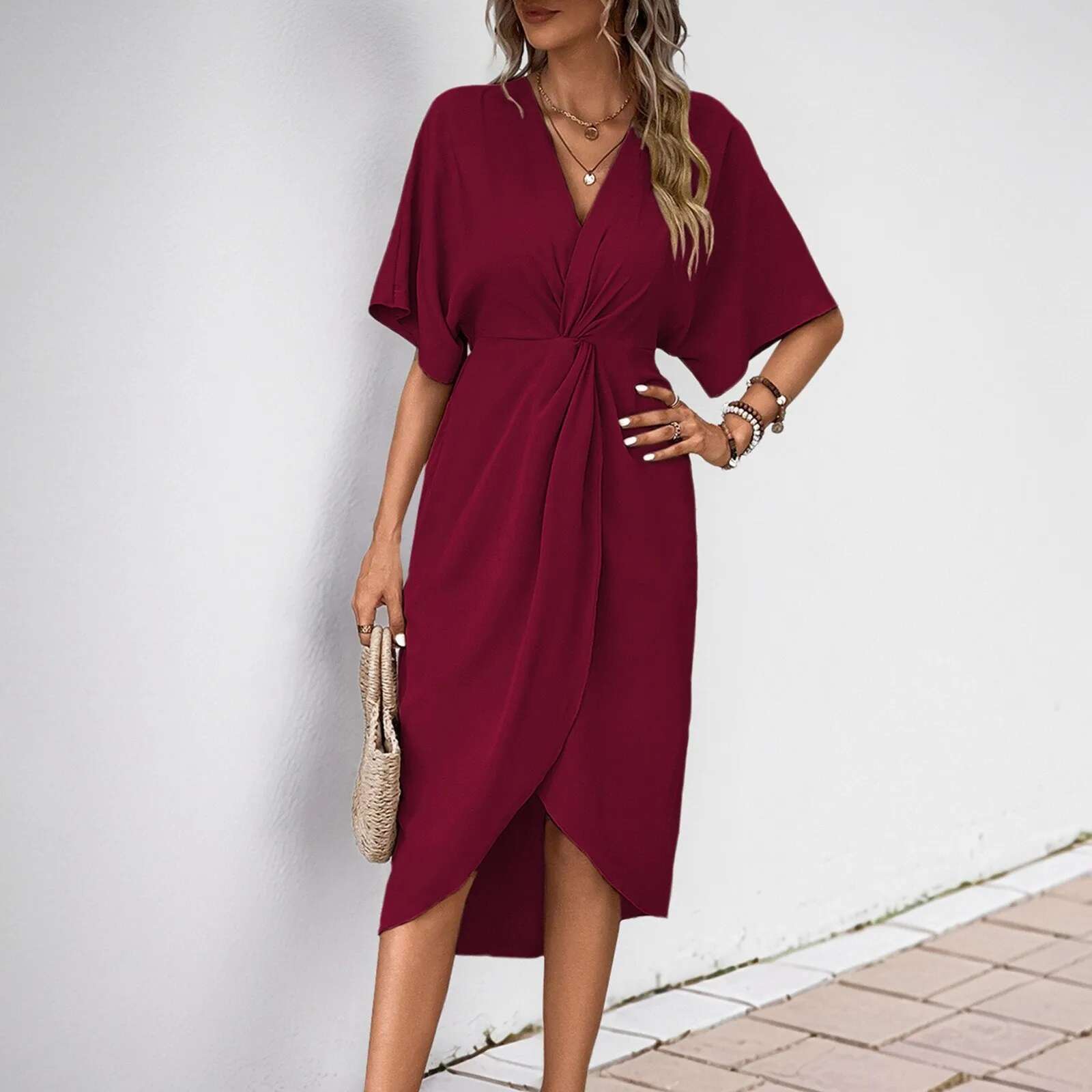 Dongdumaoyi Women Elegant Short Sleeve Midi Dress New Spring Summer Sexy Deep V Neck Draped High Waist Office Party Boho Long Dresses