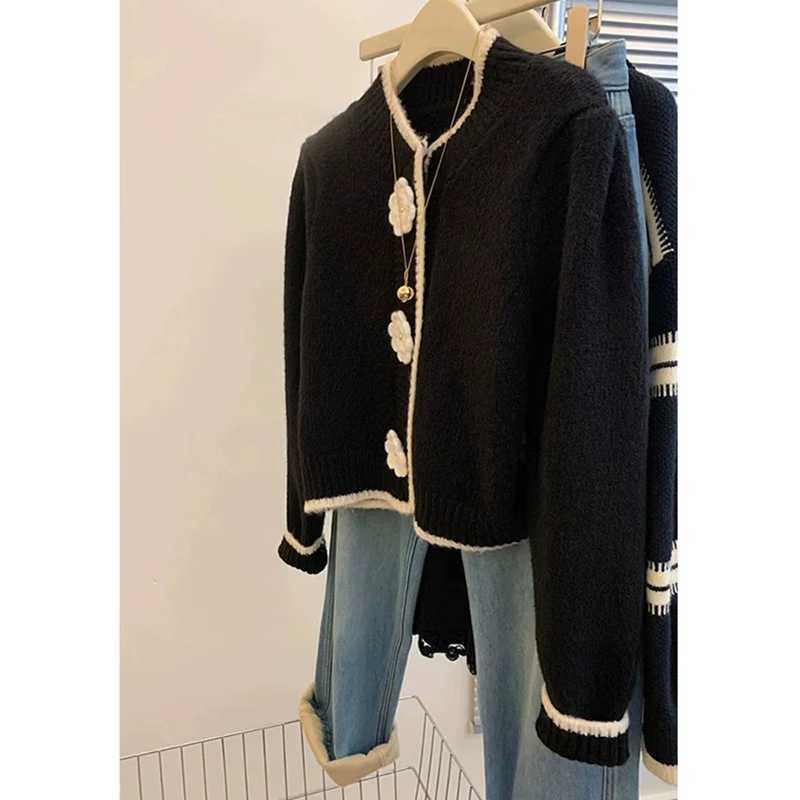 Autumn Winter Women Black Clothing Cardigan Knitting Sweater Long Sleeve Round Neck Casual Fashion Coat Female Flower Design TopT251125