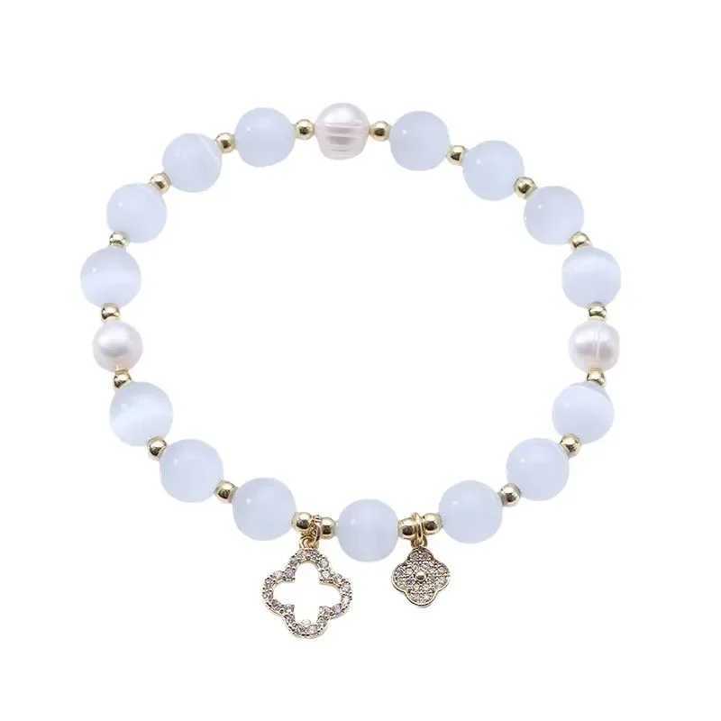 Womens Lucky Four-Leaf Flower Crystal Bracelet Elastic Rope Pearl Transfer Bead Hand Chain Jewelry Bangles Gift J251125