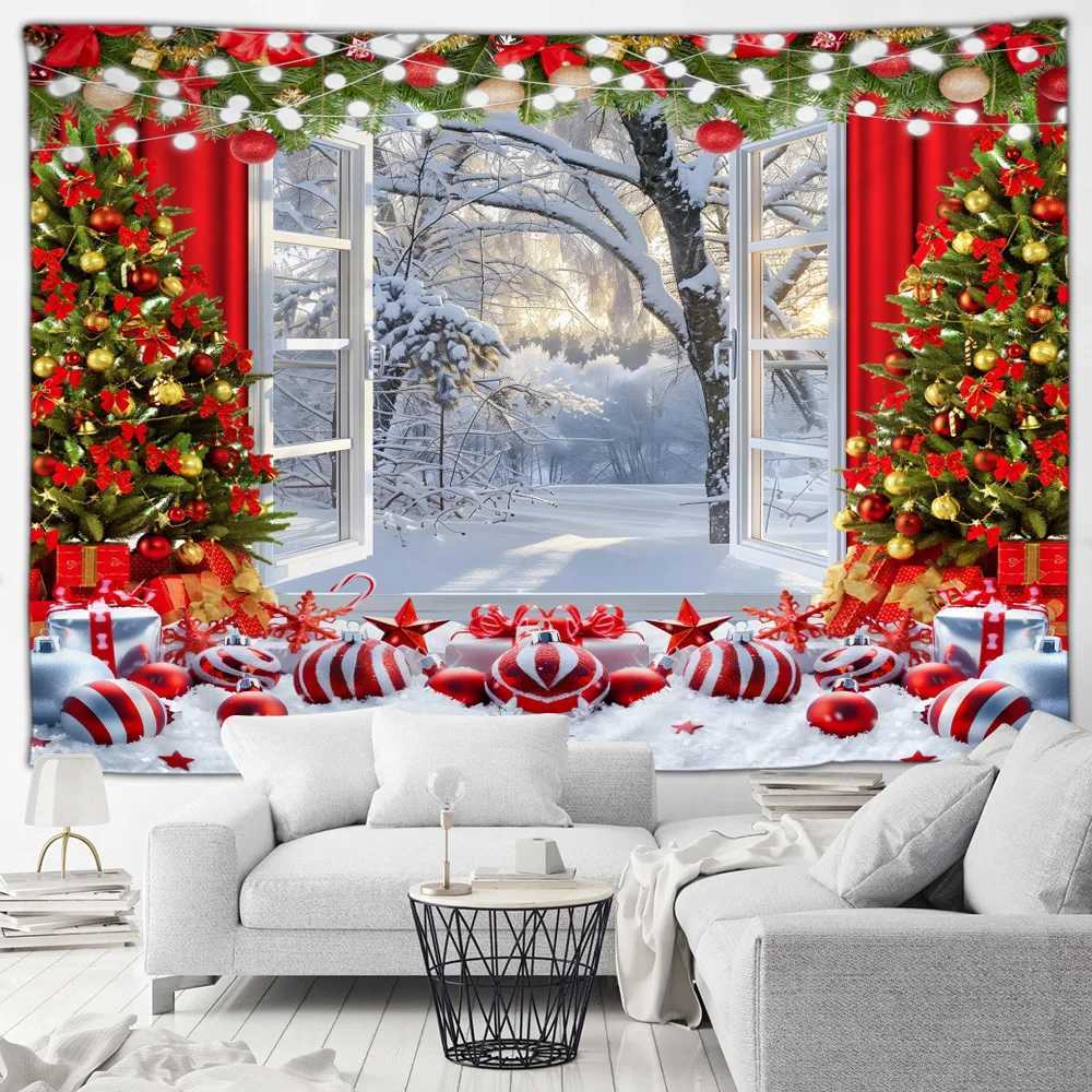 Christmas Tapestry Xmas Tree Gifts Outside Window Winter Forest Cedar Snowflake Landscape Home Living Room Decor Wall HangingM251125