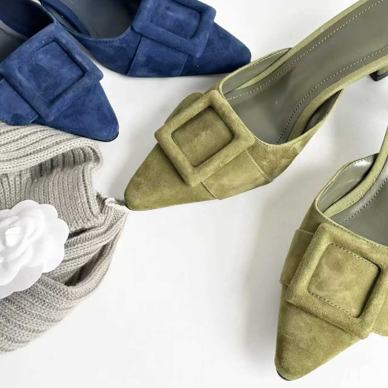 2024 New Mler Shoes Wens Shallow Mouth Pointed Toe Middle Heel Square Buckle Stiletto Baotou Wens Half Slippers Z250305