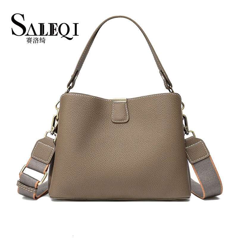 Cowhide Women Large Capacity Gray Bucket Bag Commuter Leather Ladie Designer Shoulder Crossbody Green Handbag Female