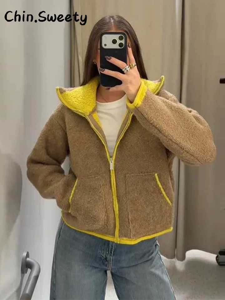 Casual Womens Contrast Color Knitted Coats Stand Collar Full Sleeve Zipper Pockets Jacket 2025 Autumn Winter Lady Warm OutwearT251125