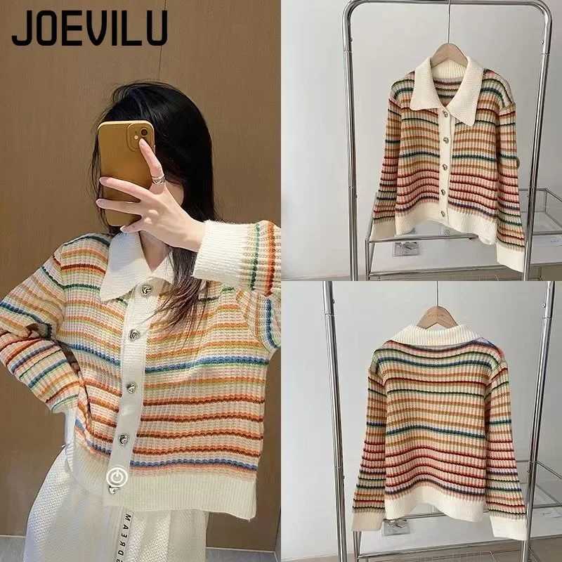 JOEVILU Rainbow Striped Sweater Polo Collar Loose Knitted Cardigans Womens Autumn Retro Fashion Pullover Top Casual Y2k ClothesT251125