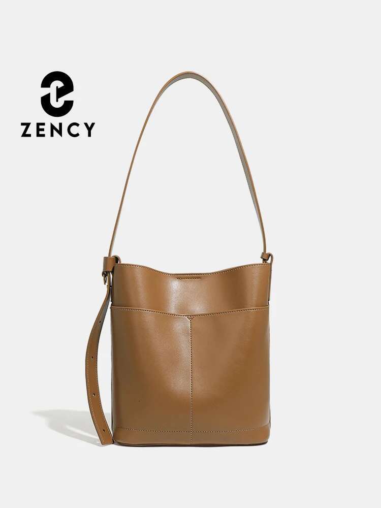 Zency 2024 Trendy Solid Color Medium Tote Women Split Leather Shoulder Handbag Shopping Bag For Commuters