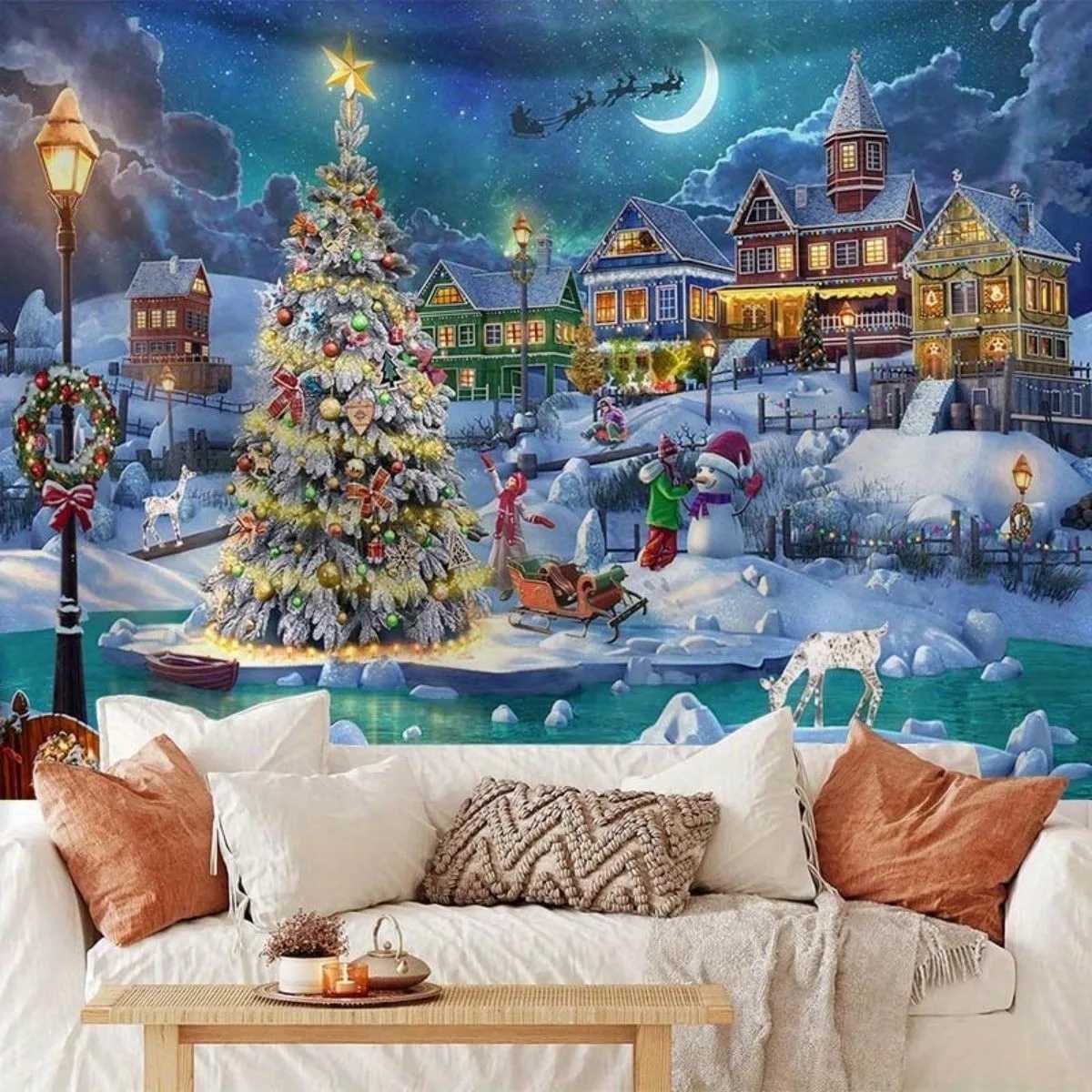 Christmas Snow Village Tapestry Multiple Sizes 2D Print Santa Sleigh Street Lights Cozy Scene Polyester Wall Art Living RoomM251125