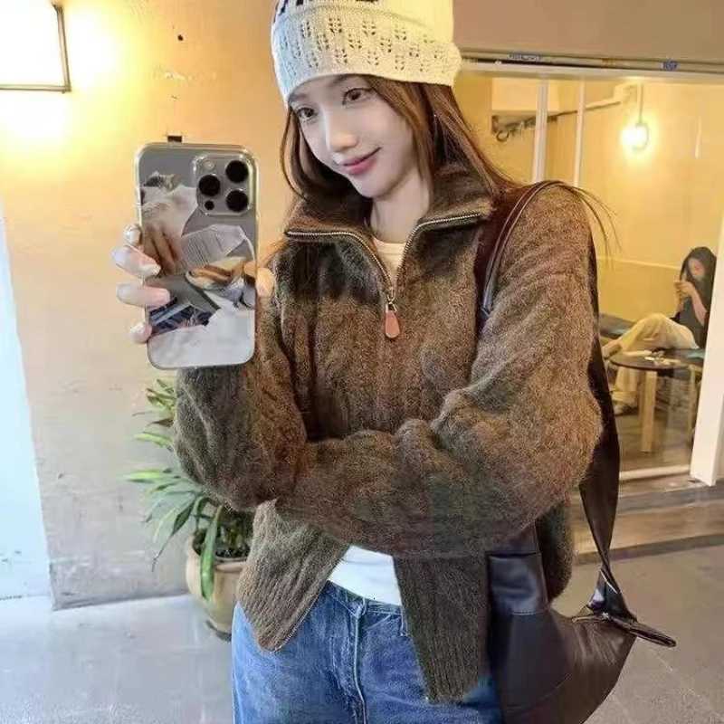 NEW Chic Autumn Winter Womens Long Sleeve Sweater Knit Cardigan with Double Zipper Design Retro Casual Fashion Warm OuterwearT251125