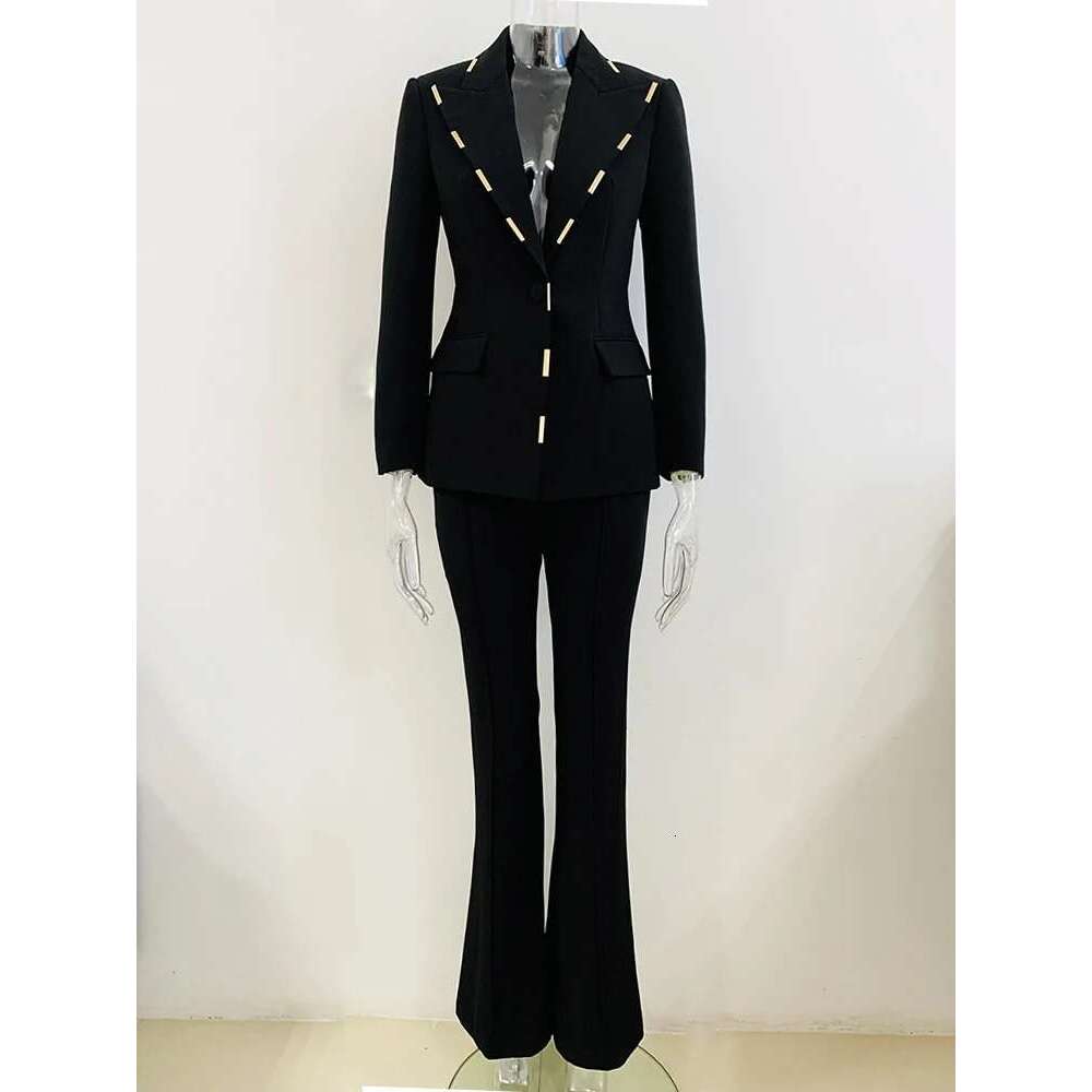 HIGH STREET Newest 2024 Designer Runway Suit Women's Single Button Metal Block Blazer Flare Pants Set