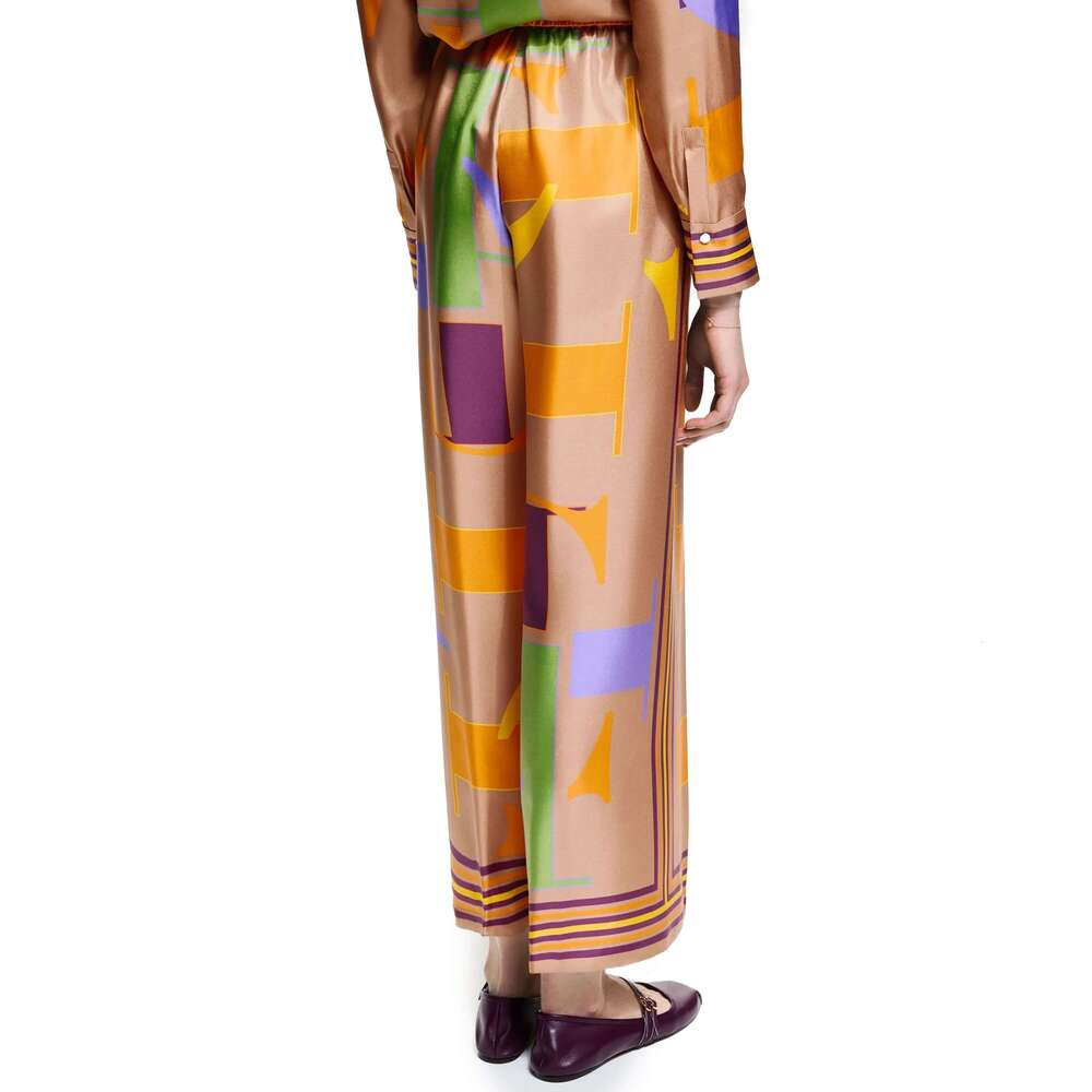 CHCH Loose Geometry Shirt Pants Women Printed Satin Two-Piece Tops Wide Leg Trousers 2024 Casual Two Piece Set