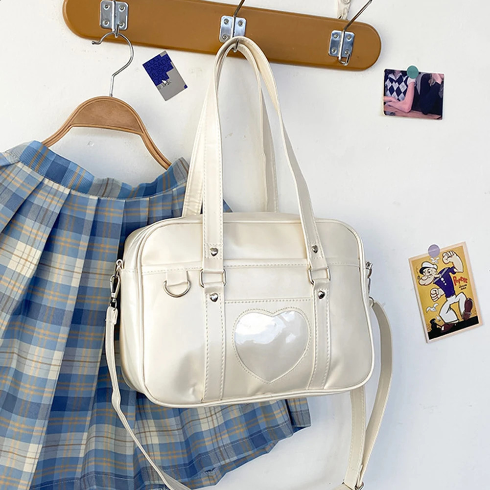 Women Jk School Handbag Large Capacity PU Anime Crossbody Bag Transparent Love Heart Shoulder Uniform Bag for Shopping Commuting 250417