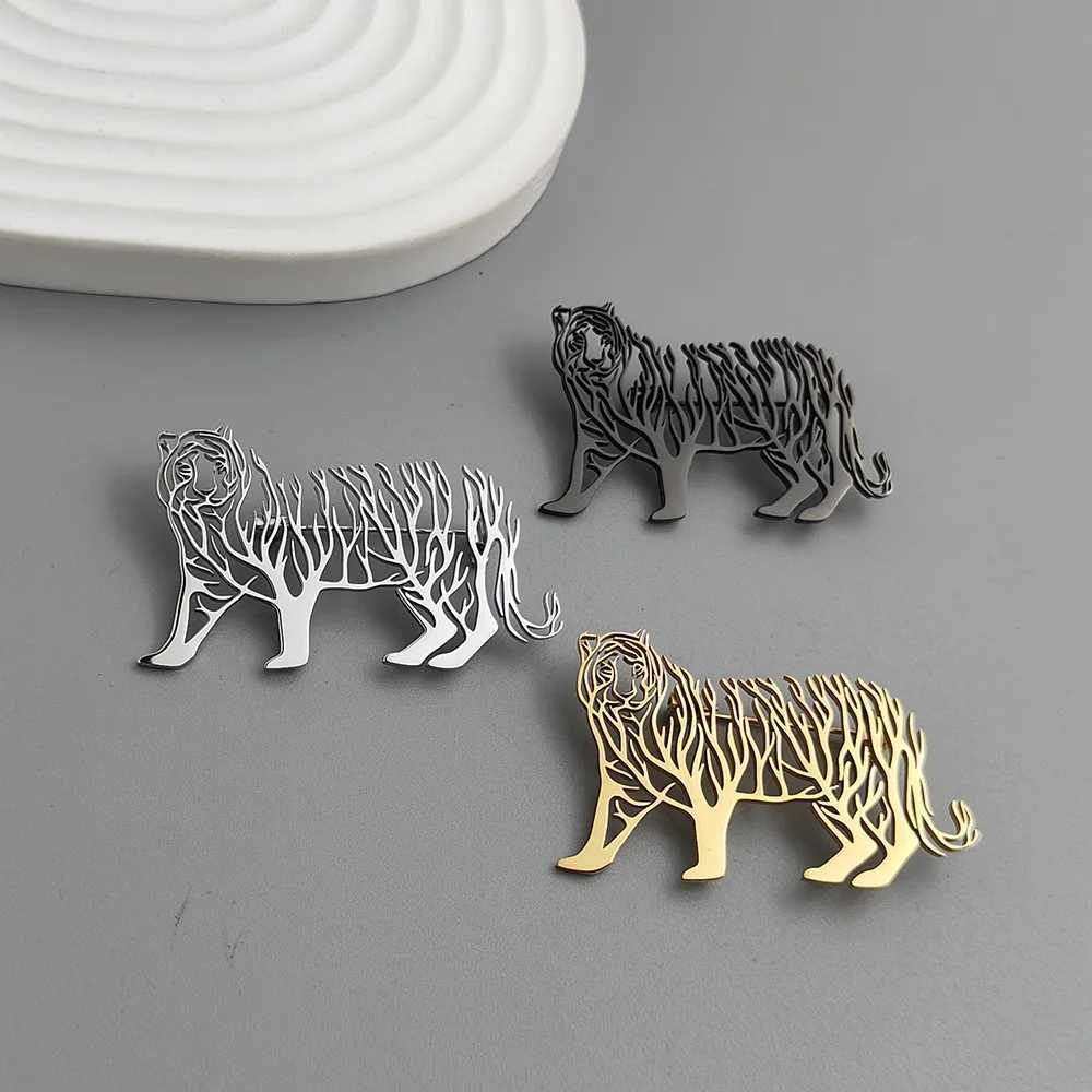 Creative hollow animal tiger life tree stainless steel gold-plated 18K brooch black suit accessories wedding matching set J251125