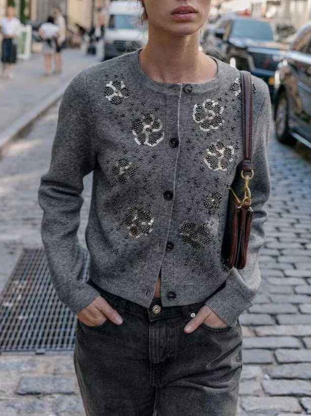 Gray Beading Sequined Knitted Cardigan Autumn New O-neck Full Sleeve Single Breasted Women Sweater Ladies Elegant Knit TopsT251125