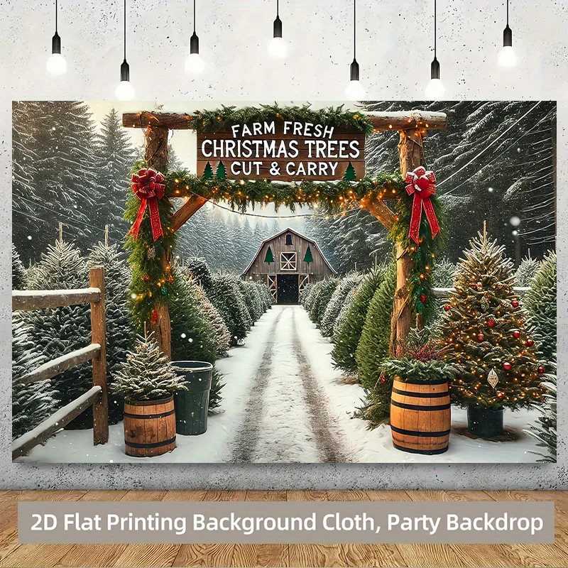 Christmas Tree Farm Tapestry Snowy Winter Forest with Red Ribbon Design Wall Hanging for Cozy Holiday Home and Office DecorM251125