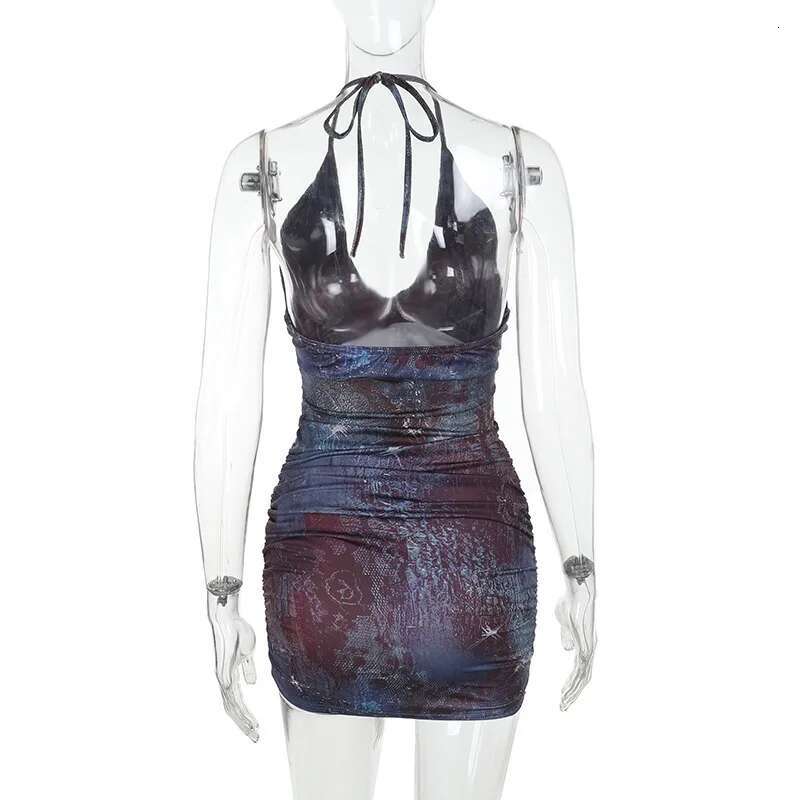 Dongdumaoyi Townlike Print Slim Bodycon Dress Women Halter Mini Spring Summer Deep V Neck Backless Nightclub Sexy Party Dresses