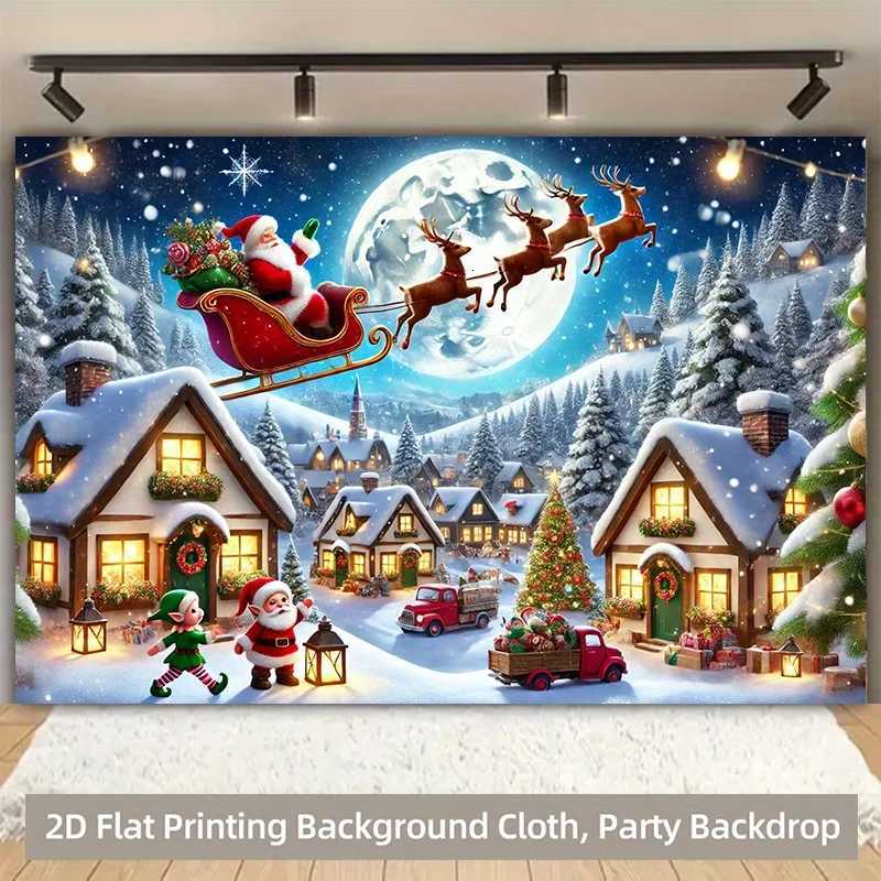 Winter Wonderland Christmas Tapestry Santa Sleigh with Rudolph and Elves Snow Scene Wall Art for Indoor Outdoor Party DecorM251125