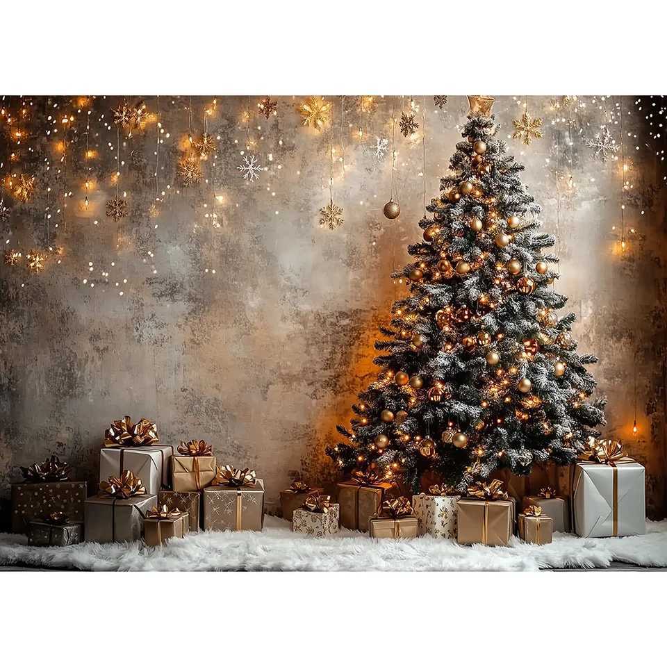Gold Glitter Christmas Room Background Photography Xmas Tree Retro Brown Wall Gift Backdrop Winter Kid Family Party Photo StudioM251125