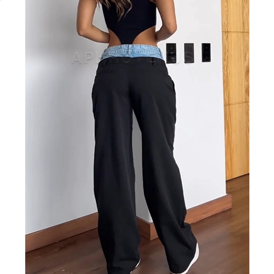 Fashionable womens jeans ultra-thin waist patch color lock high waist long stretch denim pants straight triple pants wide leg jeans 250422