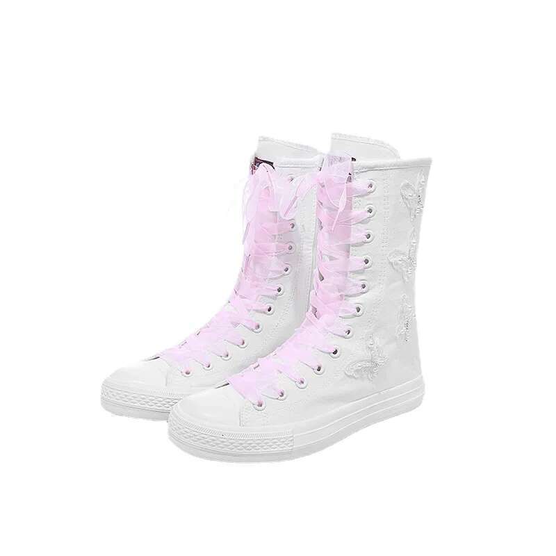 Spring and summer side zipper ribbon pearl butterfly medium canvas boots casual flat inner heightening large size women's shoes