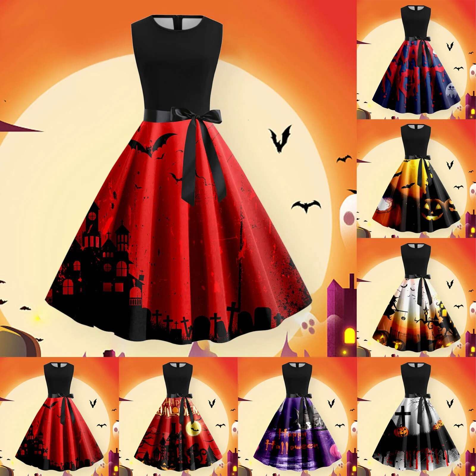 Dongdumaoyi Halloween Dresses For Women Vintage Gothic Pumpkin Printed Strapless Princess Long Slim Belt Waisted Cocktail Maxi Dress