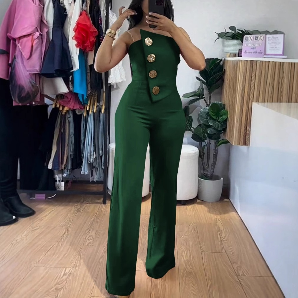 2024 summer sexy strapless button decoration micro flared jumpsuit womens clothing