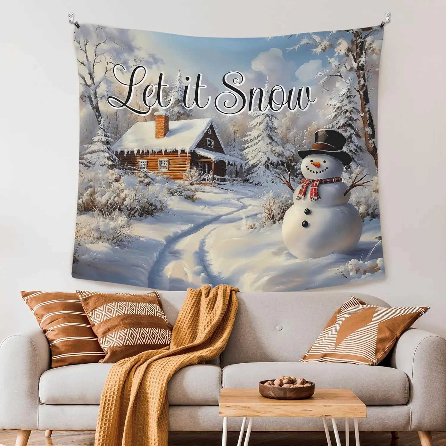 Christmas Snowman Wall TapestryLet It Snow Winter Wall Tapestry Hanging for BedroomFarmhouse Country Winter Cozy Xmas HolidayM251125