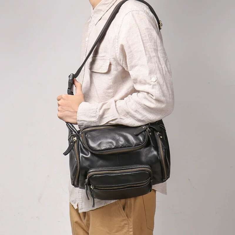LUOKIR Genuine Men's Chest Large Capacity Oil Leather Waist Bag, Sports Cowhide Shoulder Crossbody Bag