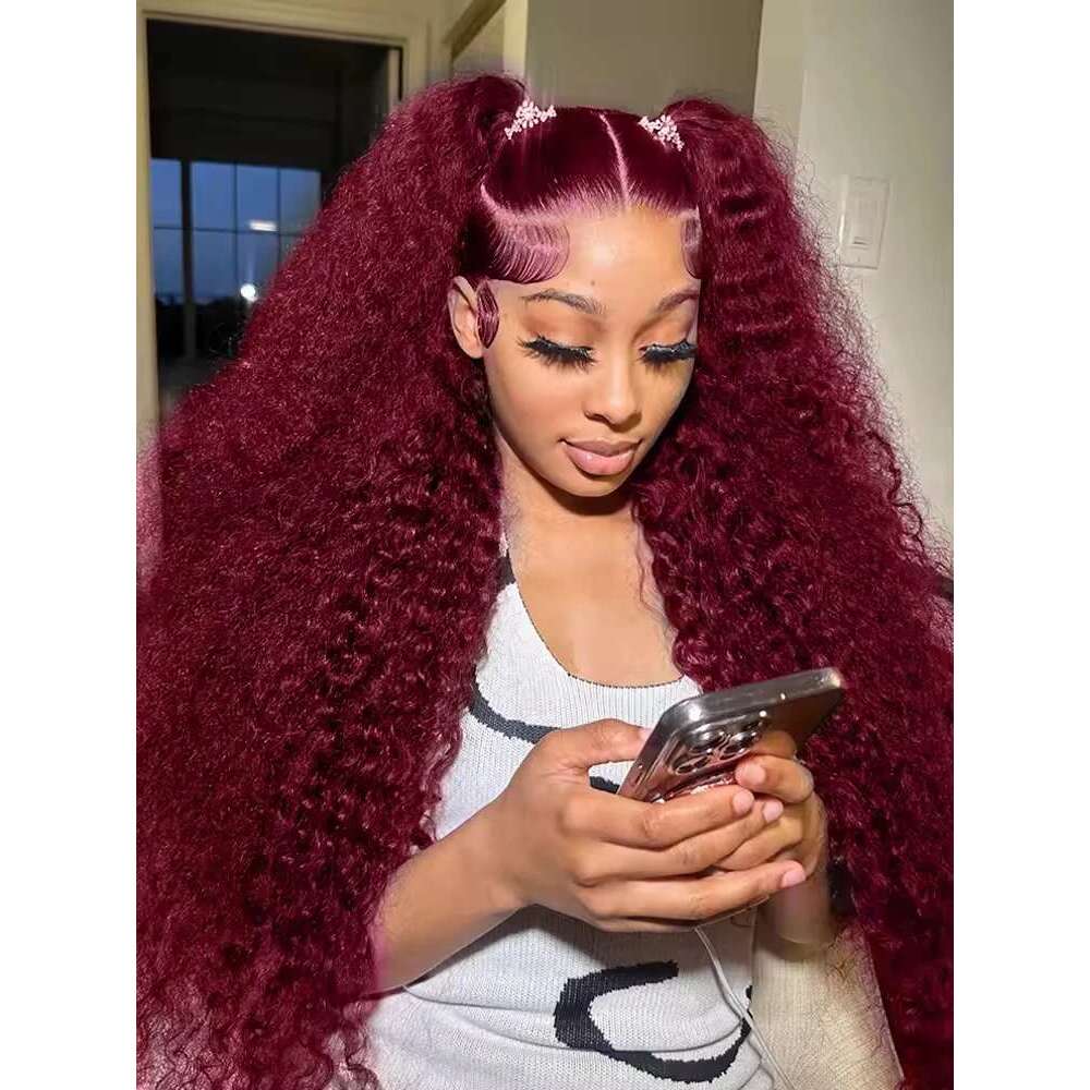 250 Density 99J Bury Deep Wave 13X4 Red Front Human Hair 30 40 Inch 13X6 HD Colored Lace Frontal Water Curly Wigs