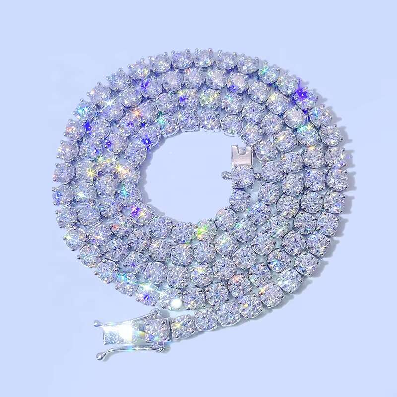 3mm Width Moissanite Diamond Chain Sterling Silver Iced Out Moissanite Hip Hop Necklace Tennis Chain