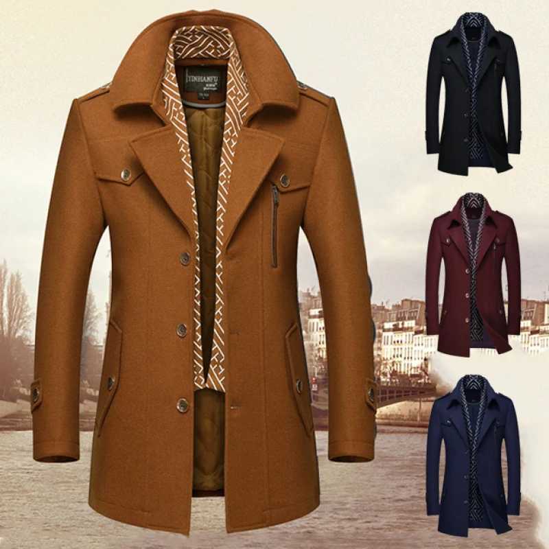 Mens wool trench mediumlength Turn Down Collar Windbreaker thickened Mens Jacket Overcoats Male Fashion Thicken Warm OuterwearT251125