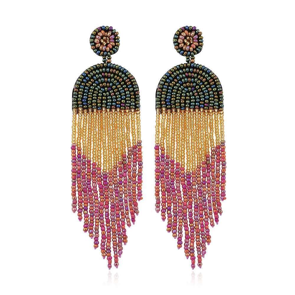 Boho Jewelry Wholesale Chic Art Deco Long Dainty Ethnic Bohemian Black Fringe Tassel Dangle Rice Seed Beaded Earrings For Women