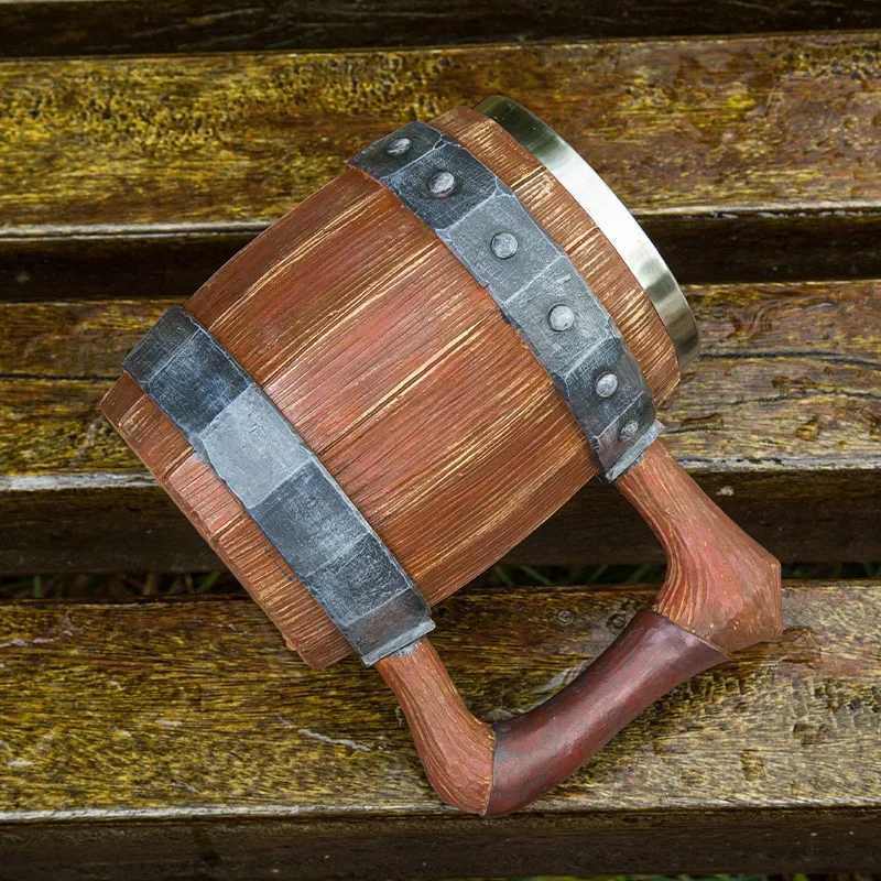 Viking Retro Beer Mug Resin 304 Stainless Steel Imitation Wood Coffee Cup Double Wall Mug Beer Jug Water Cup Barware Mens Gift Y251125