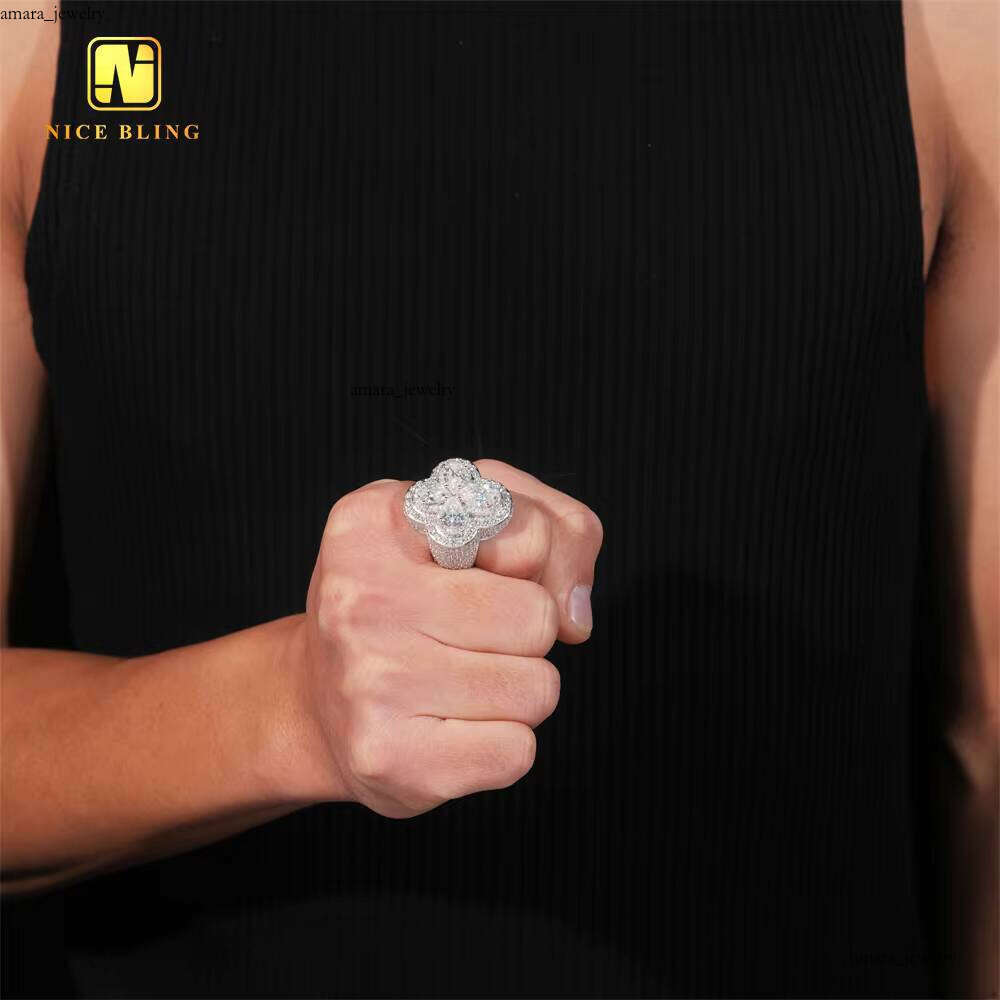 VVS Moissanite Dashi Hui Shi Champion Flower Design Clover Pear Popular Product 2025 925 Ring Men's Hip Hop Boutique Jewelry