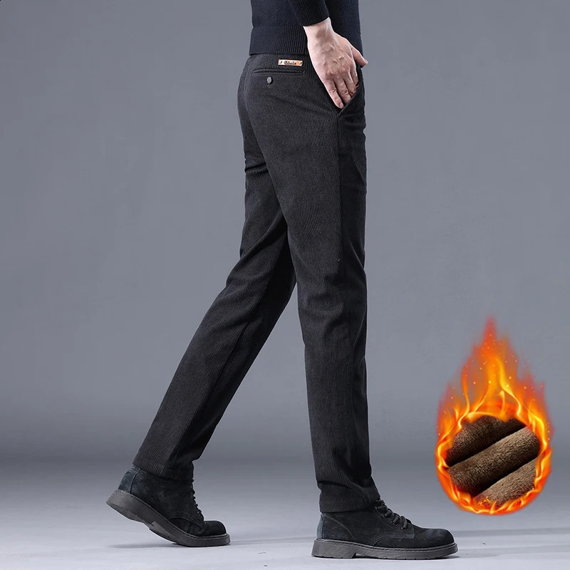 Khaki black gray wool mens denim casual pants chenille thick stretch business pants rise winter pants 250422
