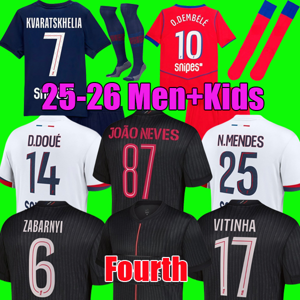 KVARATSKHELIA O.DEMBELE JOAO NEVES 25 26 soccer jersey D.DOUE Maillot de football 2025 2026 HAKIMI N.MENDES BARCOLA PACHO men kids set maillot de foot enfants Fourth Kit