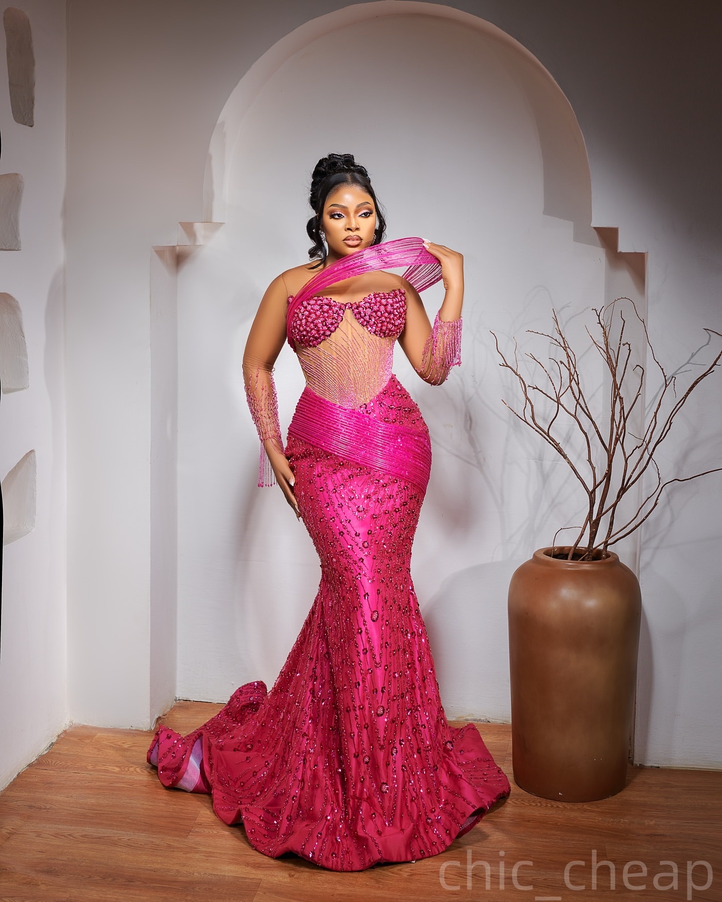 Fuchsia Mermaid Plus Size Prom Dresses 2025 Beaded Sequined Full Sleeves Evening Formal Party Second Birthday Engagement Gowns Dress For Special Occas