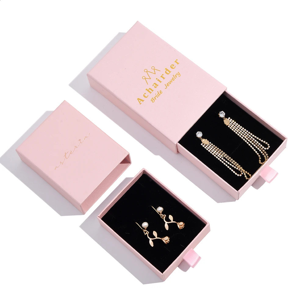 Wholesale 100pcs/lot Custom Jewelry Packaging Box with Pink Cardboard Drawer Jewellery Box Earrings Ring Necklace Gift Box 250424