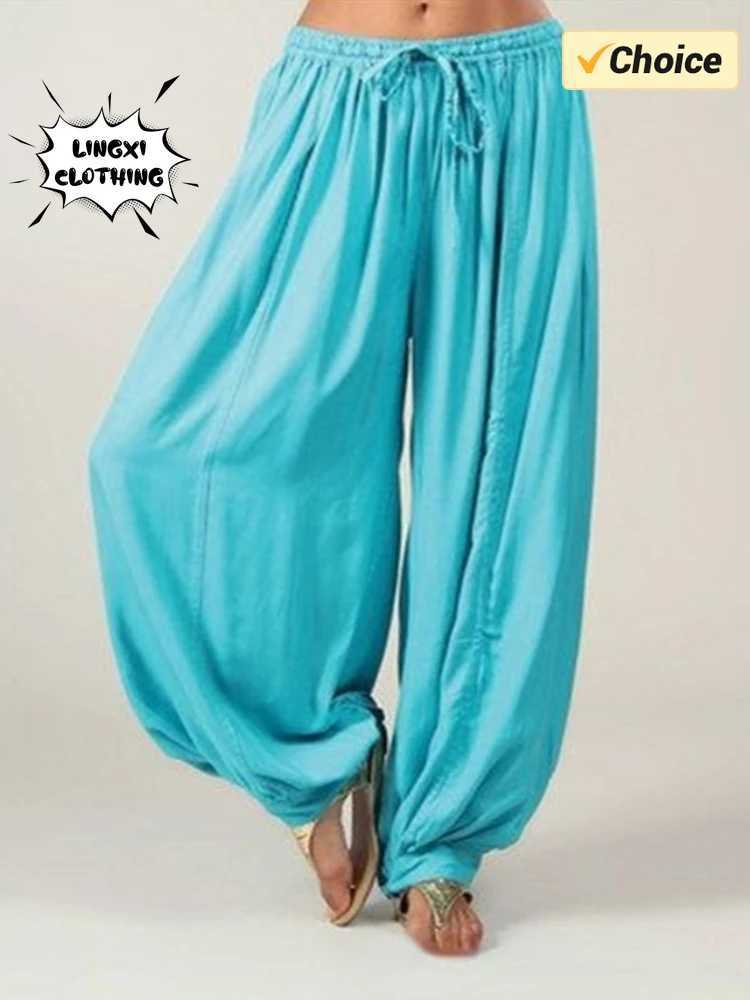 2024 Summer New Womens Solid Color Lantern Pants Loose Fold Drawstring Casual Ankle Sports Pants Harlan PantsC250425