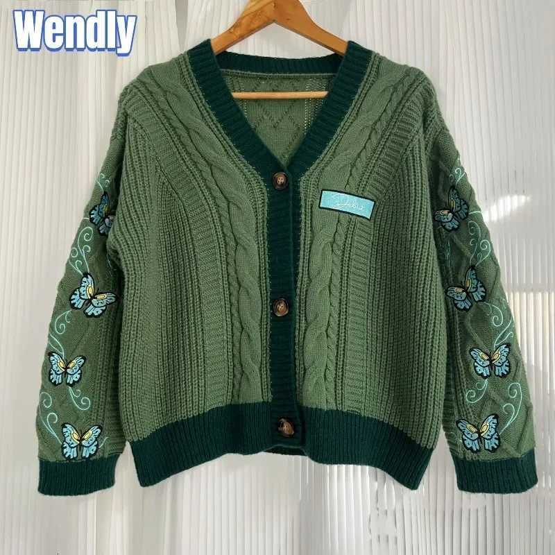 Dark Green Cardigan with Butterfly Embroidered Female Autumn Winter Letter Patch Knitted Cardigan Women 2024 New Sweaters TopsT251125