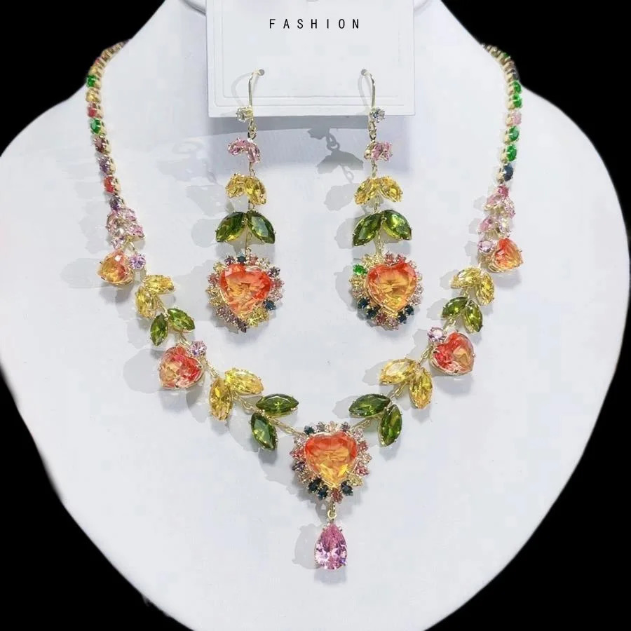 Women Rainbow Gemstone Necklace 18K Gold Plated Waterdrop Zirconia Earrings 2024 250417