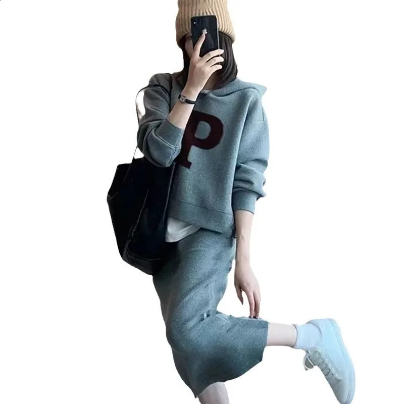 Plus Size Fall Plus Size Slimming Trendy Age Determining Set Dress Womens Hoodie Sweatshirt Half Skirt Two Piece Set 250422