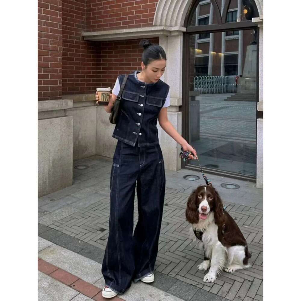 Hong Kong Style Denim Vest Spring New Item Retro Simple Loose Straight Wide Leg Pants Two-Piece Set Trendy