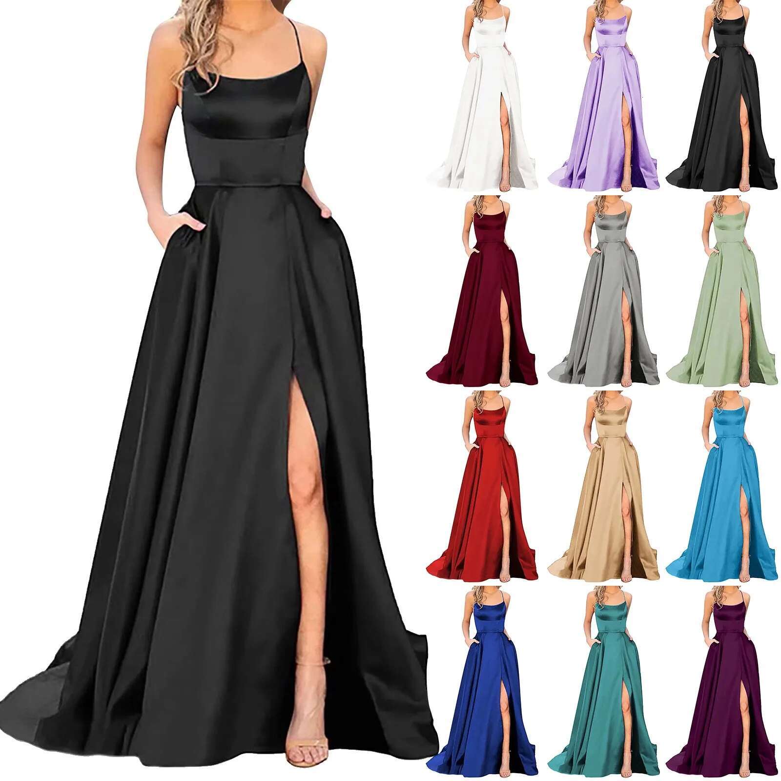 Dongdumaoyi Elegant Hight Split Evening Maxi Dress Sexy Lace Up Backless Long Dresses Solid Color Leeveless High Waist Party Robe