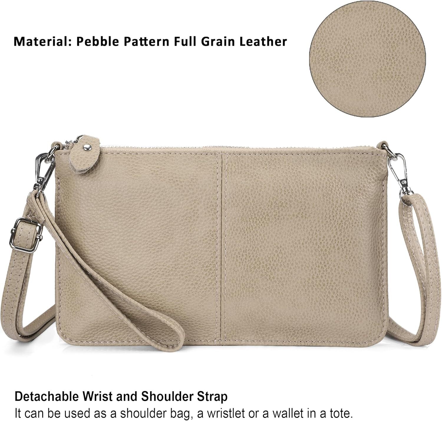 Genuine Leather Wristlet Clutch Wallet Purses Small Crossbody Bags Shoulder Handbag For Women, Sier Zipper