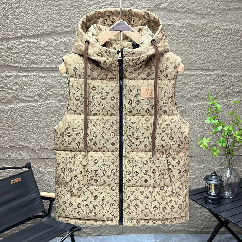 Men's Down Warm Outdoor Hooded Square Cotton Jacket High Street INS Trendy Brand Winter Warmth Outerwear Casual Pure Color Polyester