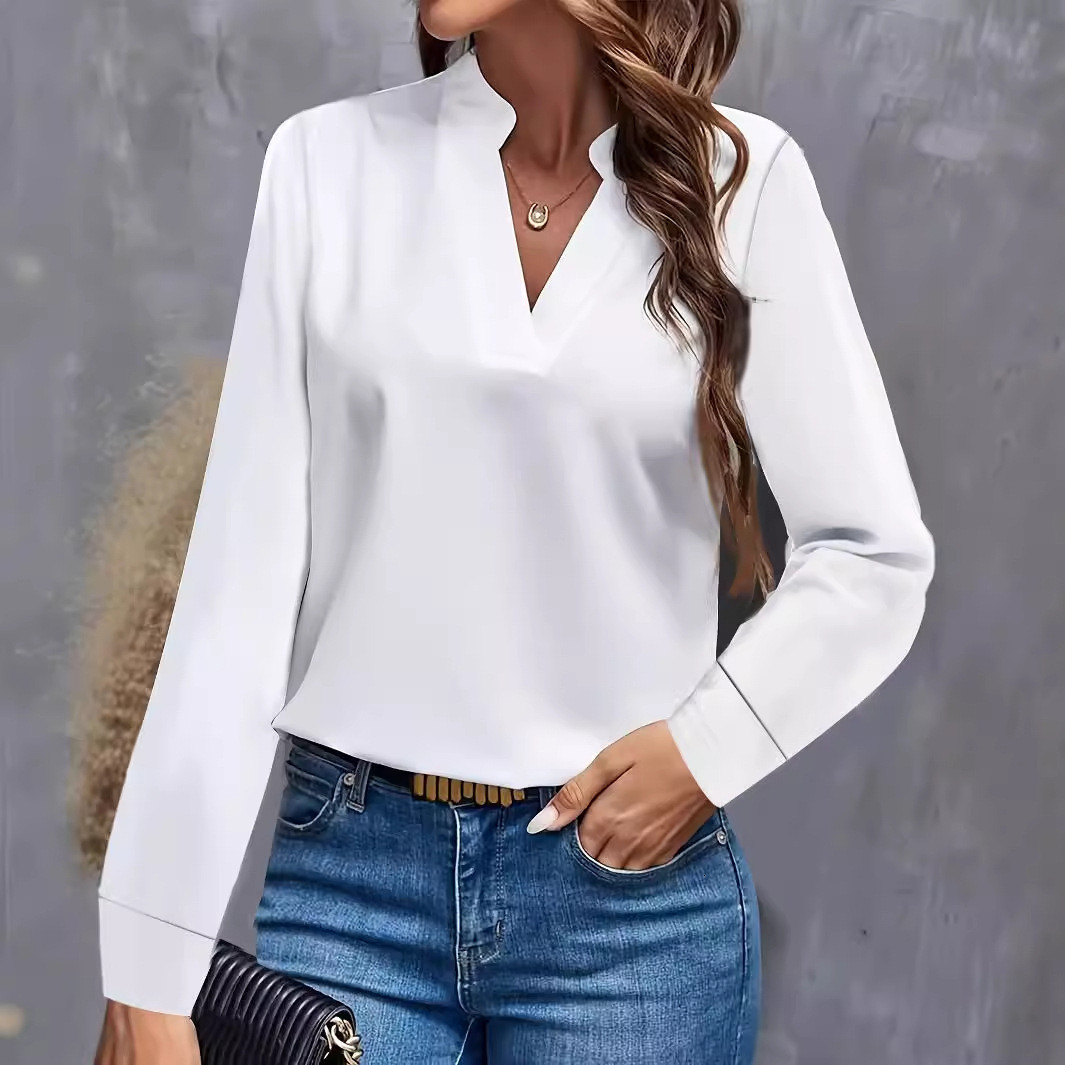 2024 autumn simple casual solid color V-neck loose shirt top for women