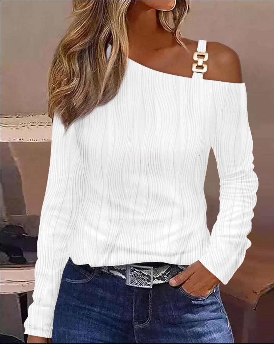 2023 Autumn Simple Metal Buckle Oblique Shoulder Collar Shirt Womens Wear