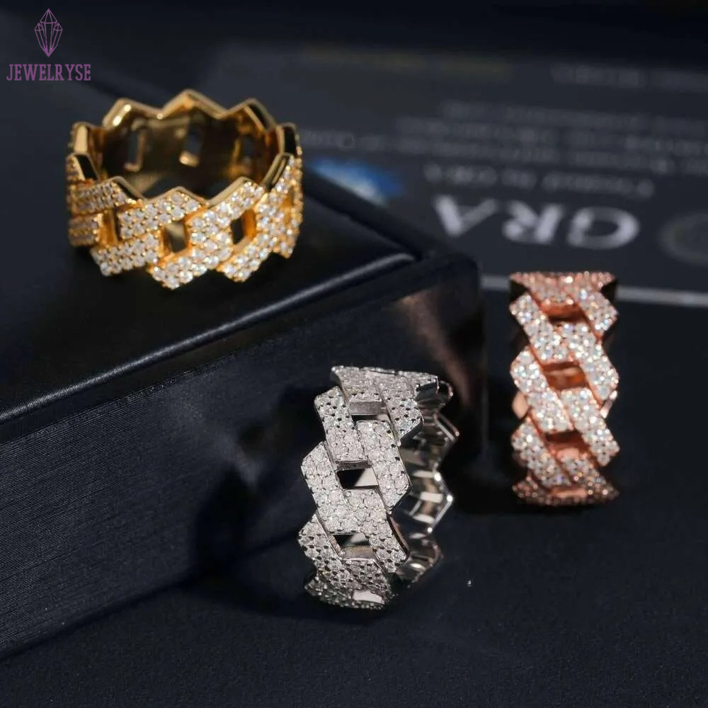 Factory Direct High Quality Hip Hop Two Row Sterling Sier Moissanite Iced Out Cuban Ring