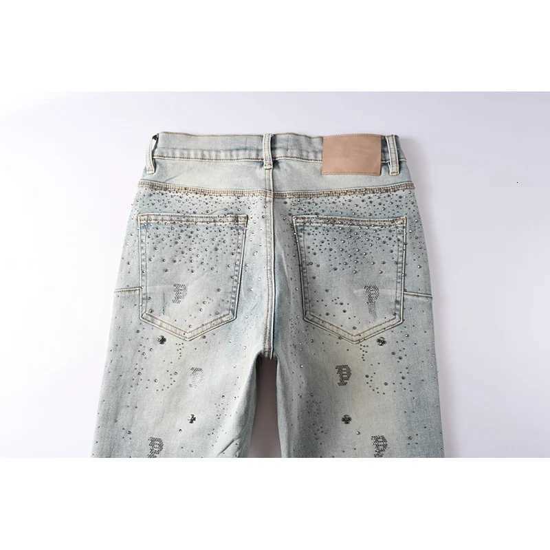 Fashion New Arrivals American High Street Distressed Blue Skinny Rhinestones Letters Button Fly Jeans Pants Y251124