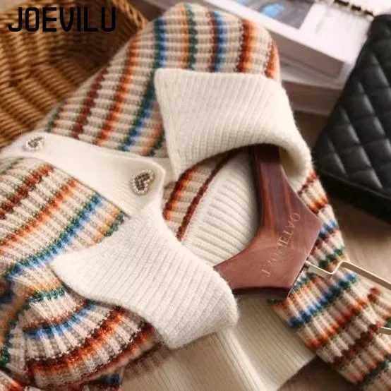 JOEVILU Rainbow Striped Sweater Polo Collar Loose Knitted Cardigans Womens Autumn Retro Fashion Pullover Top Casual Y2k ClothesT251125