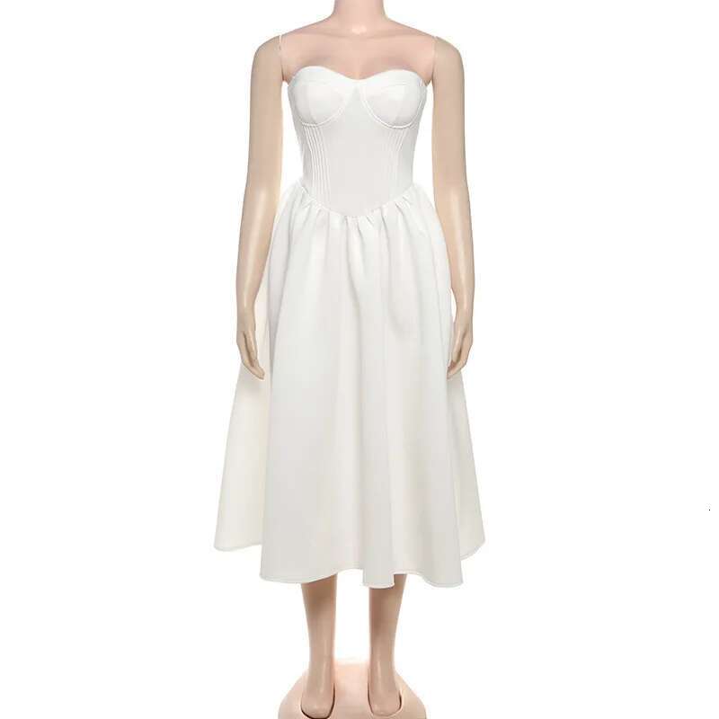 Dongdumaoyi Townlike Waist Wrap A Line Pleated Dress Women Strapless Spring Summer Nightclub Sexy Party Midi Long Dresses